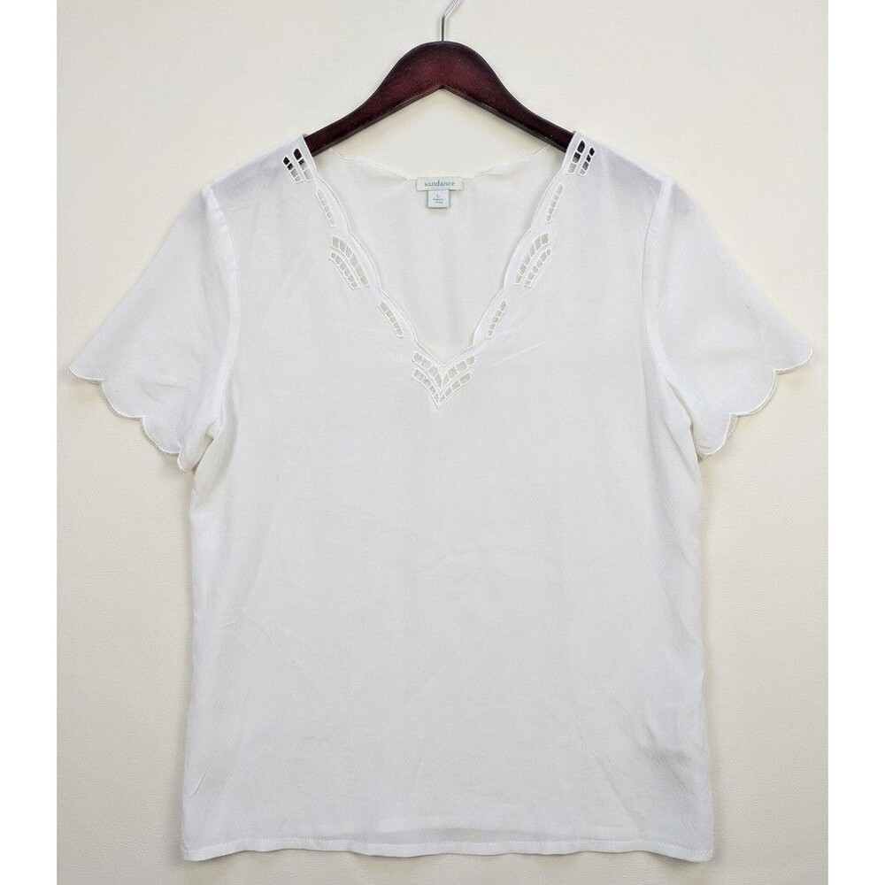 Sundance White Embroidered Cut Out Scallop Trim Silk Blouse Size L